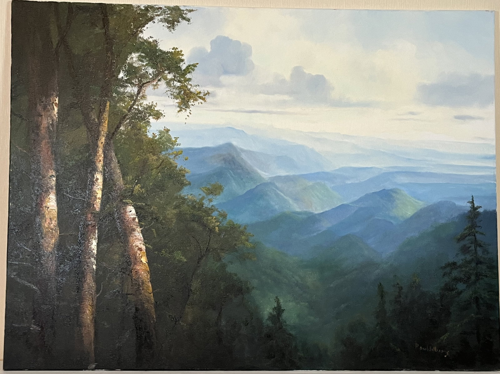 Original Ron Williams Oil on Canvas, Stretched but no Frame, Summer Mountainscape from Hillside at: Original Ron Williams (Tennessee, 1947-2016) Oil on Canvas, Stretched but no Frame, Summer Mountainscape from Hillside at Sunrise, Signed in lower right, 40" x 30"