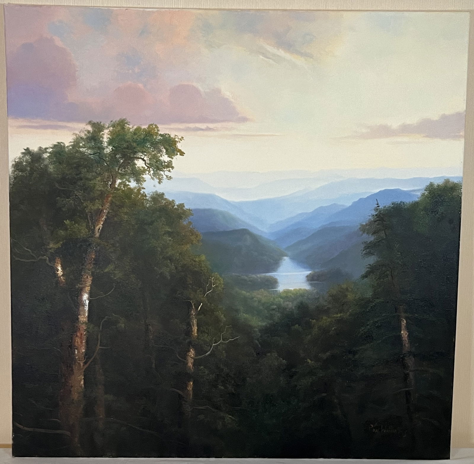 Original Ron Williams Oil on Canvas, Stretched but no Frame, Summer Sunset Skies over Mountain Lake (1 of 2)