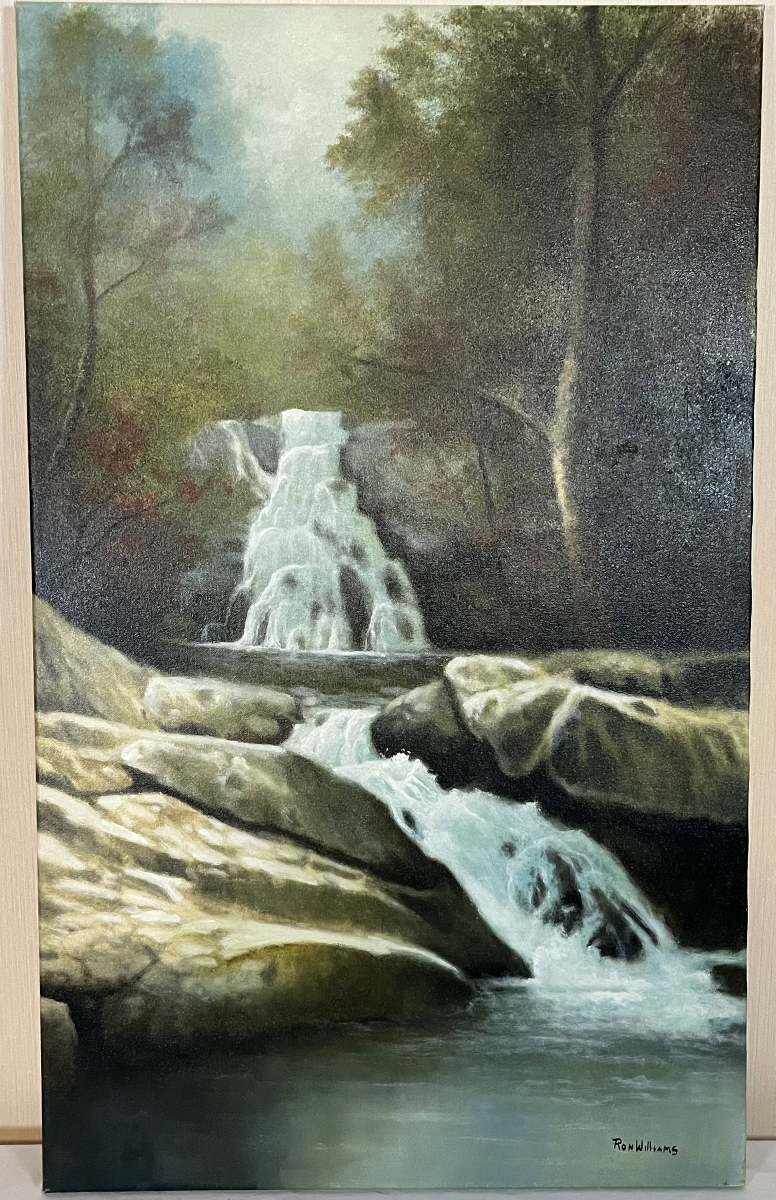 Original Ron Williams Oil on Canvas, Stretched but no Frame, Fall Waterfall Tumbling over Rocks: Original Ron Williams Oil on Canvas, Stretched but no Frame, Fall Waterfall Tumbling over Rocks, 19" x 31"