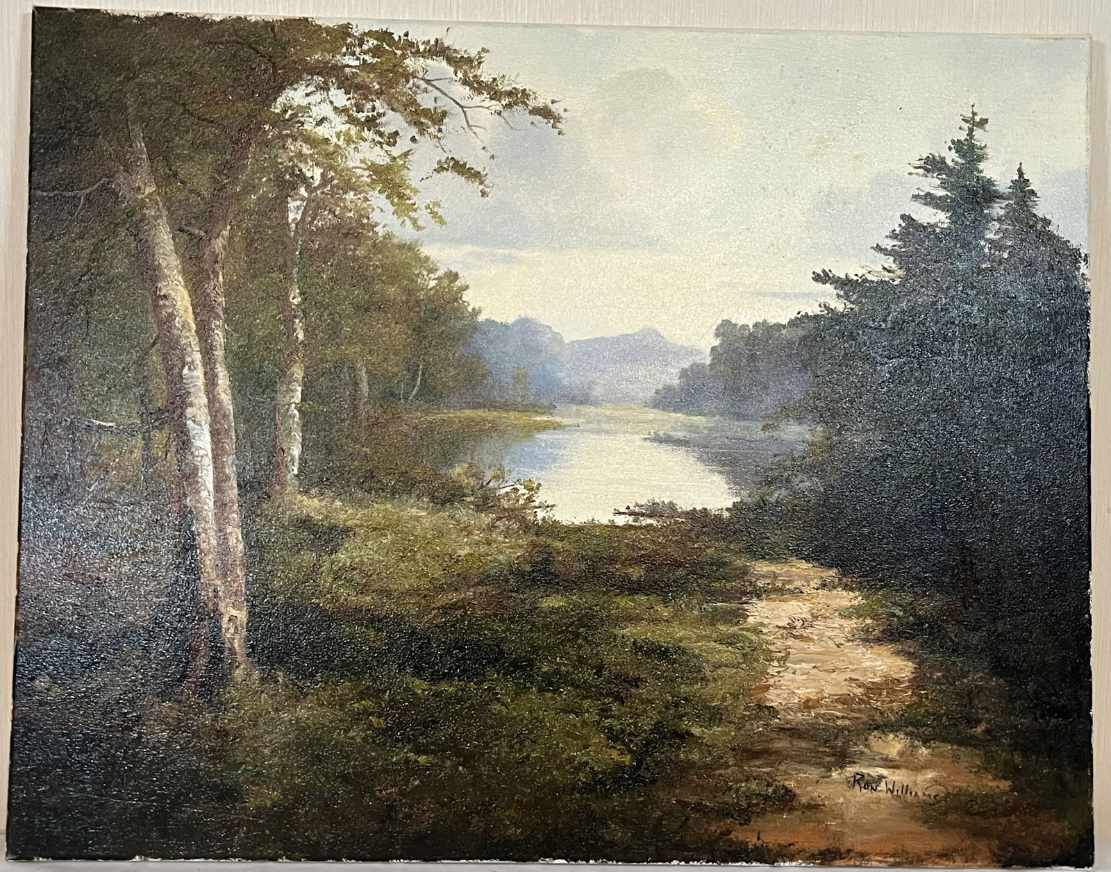 Original Ron Williams Oil on Canvas, Stretched but no Frame, Summer Wooded Pasture with Pond & Path (1 of 2)