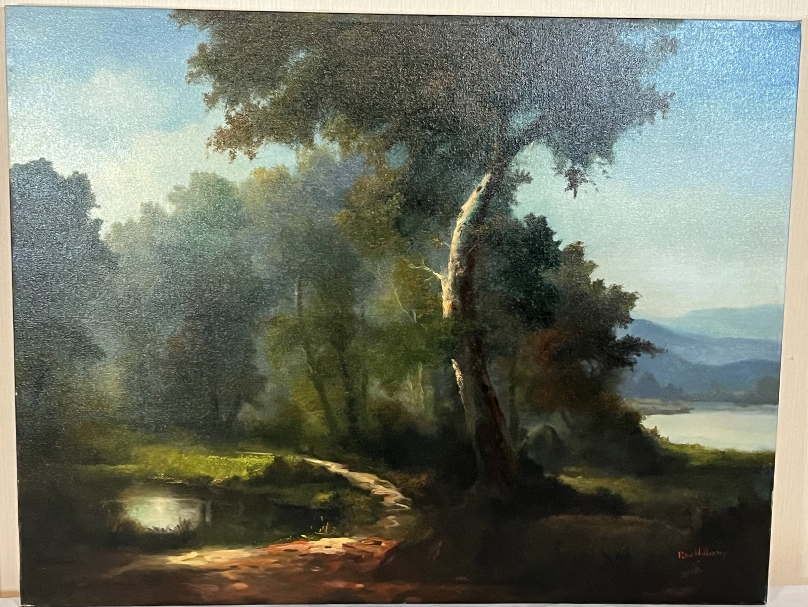 Original Ron Williams Oil on Canvas, Stretched but no Frame, Early Fall Pond and Path beside Woods: Original Ron Williams Oil on Canvas, Stretched but no Frame, Early Fall Pond and Path beside Woods with Pasture & Mountainscape, 29" x 23"