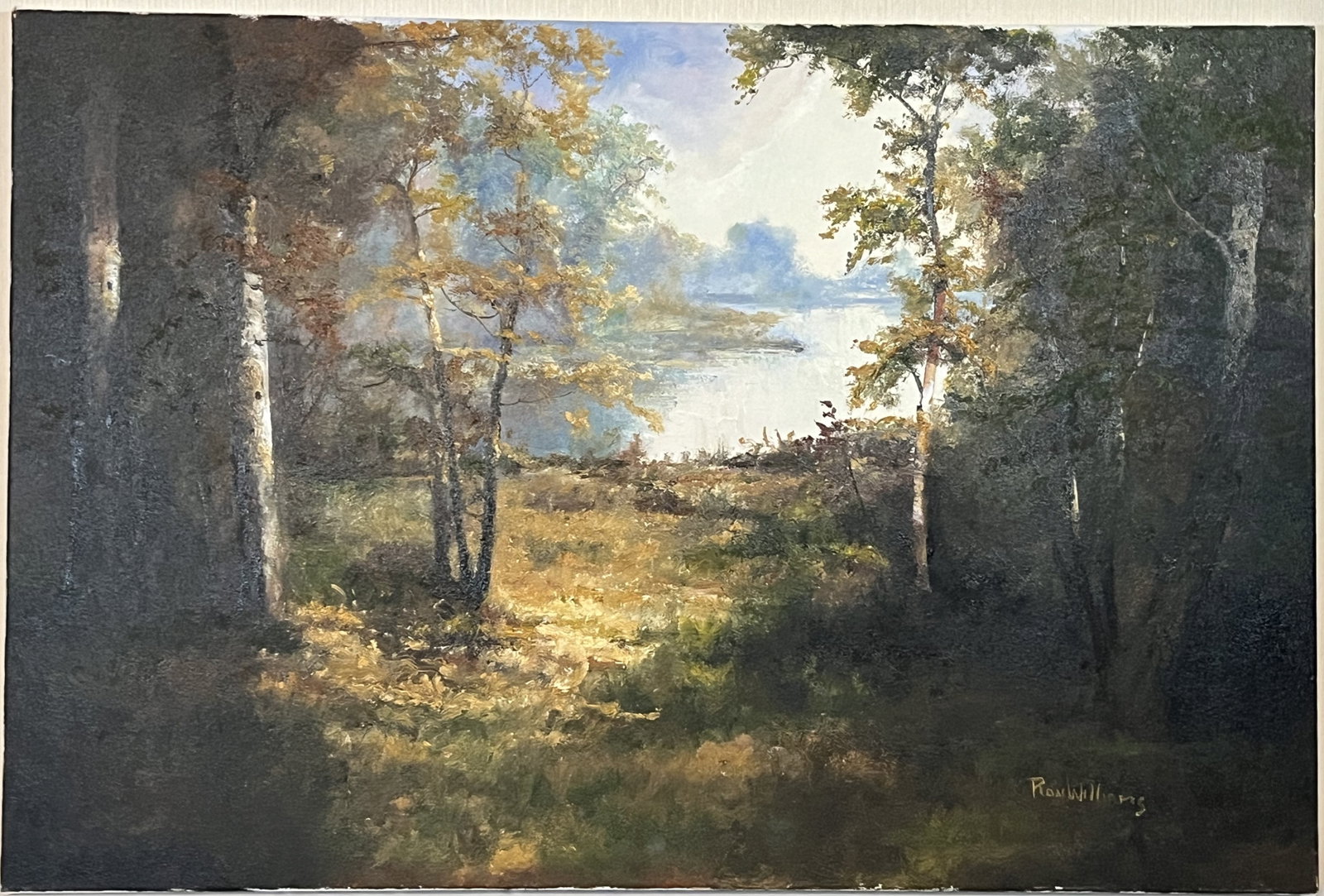 Original Ron Williams Oil on Canvas, Stretched but no Frame, Early Fall Forest Opening to Still Pond: Original Ron Williams Oil on Canvas, Stretched but no Frame, Early Fall Forest Opening to Still Pond, 36" x 24"