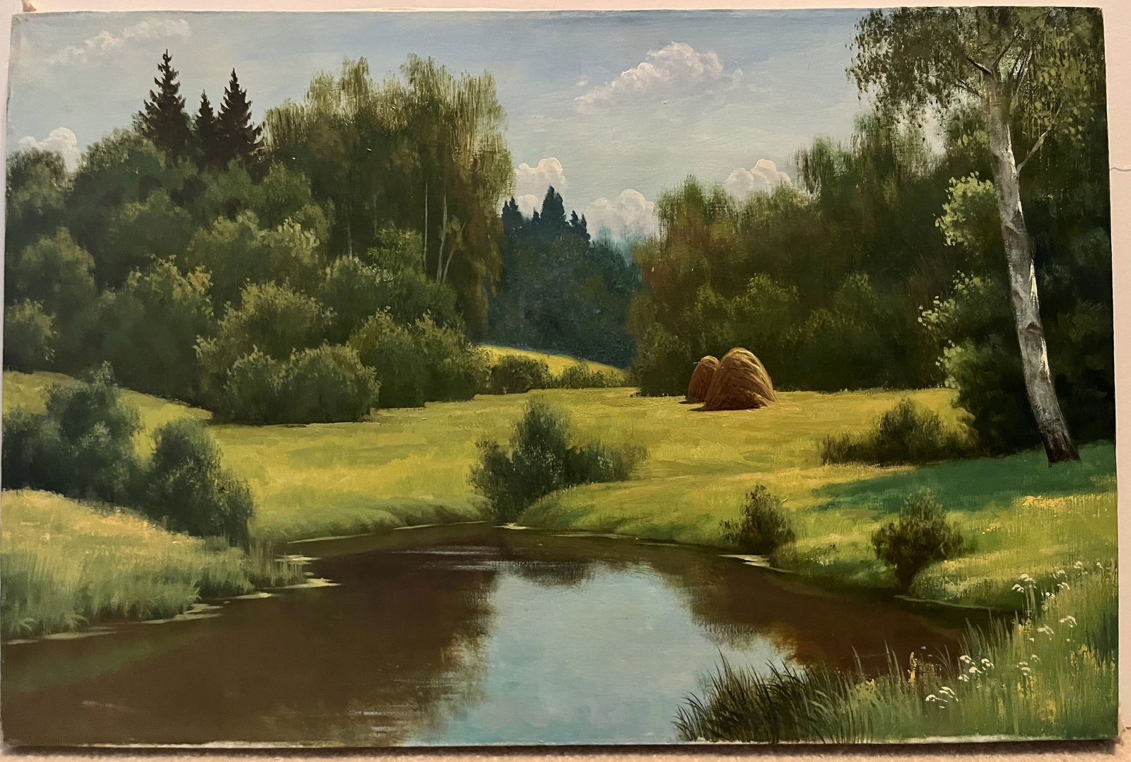 Original Oil on Canvas, Stretched but no Frames, Artist Unknown, Still Summer Pond with Pasture & (1 of 2)