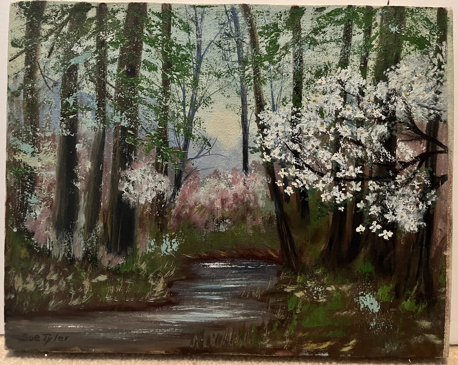Original Oil on Canvas by Sue Tyler, Stretched but no Frame, Stream Winding through Woods with (1 of 2)