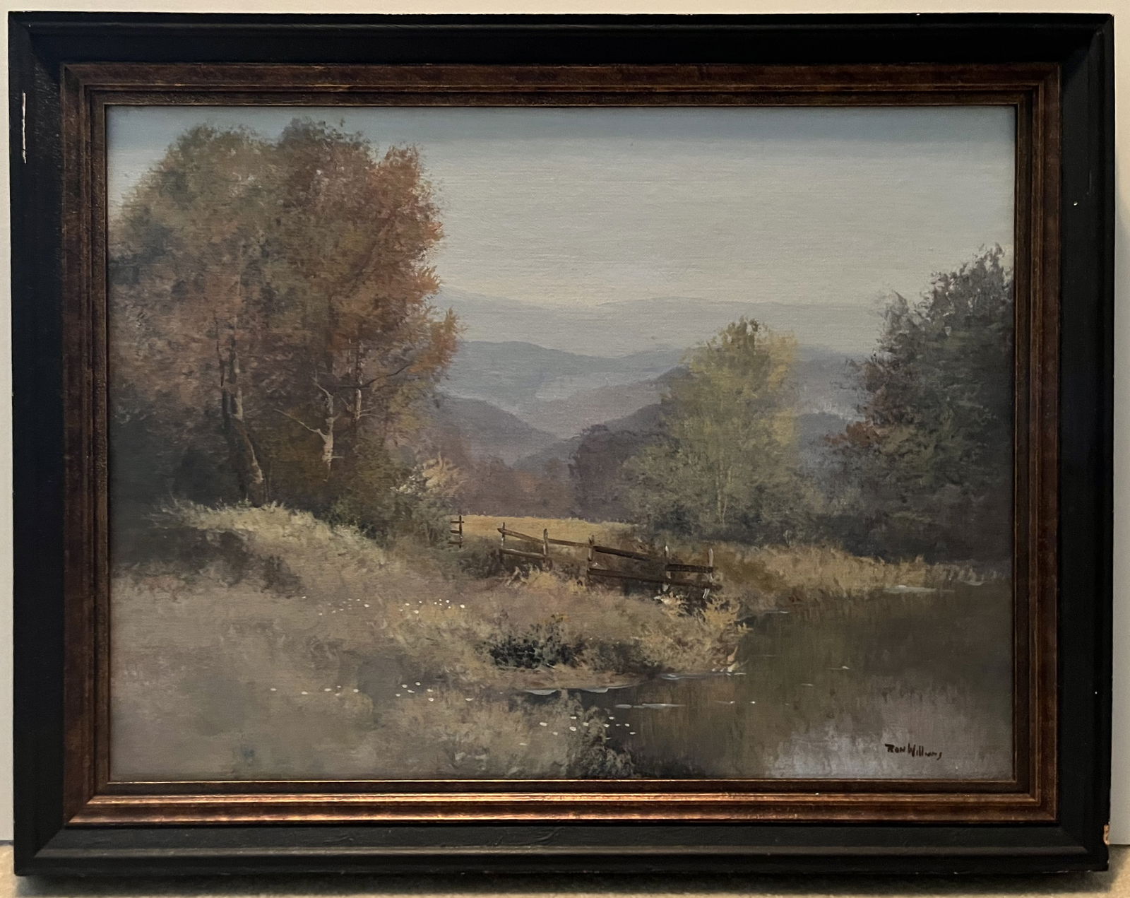 Framed Original Ron Williams Oil on Canvas, Tree Lined Fall Pasture with Reflective Pond, Fence (1 of 2)