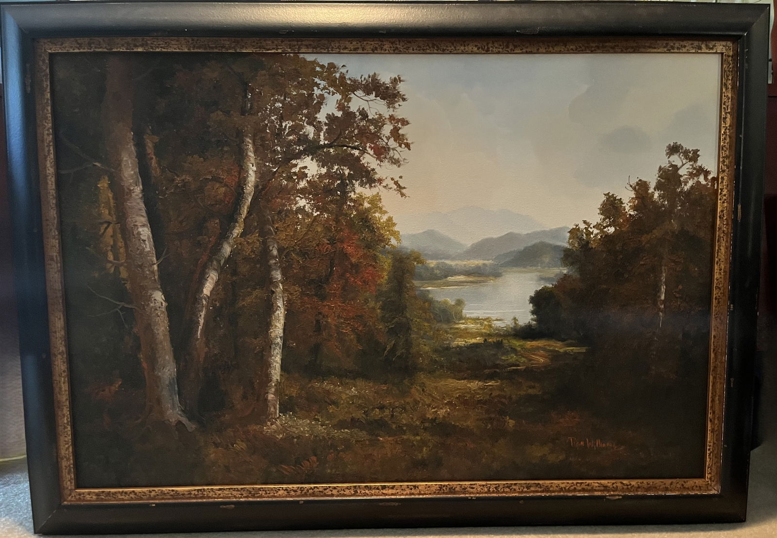 Framed Original Ron Williams Oil on Canvas, Fall Mountainscape and Lake from Hillside with Path (1 of 2)