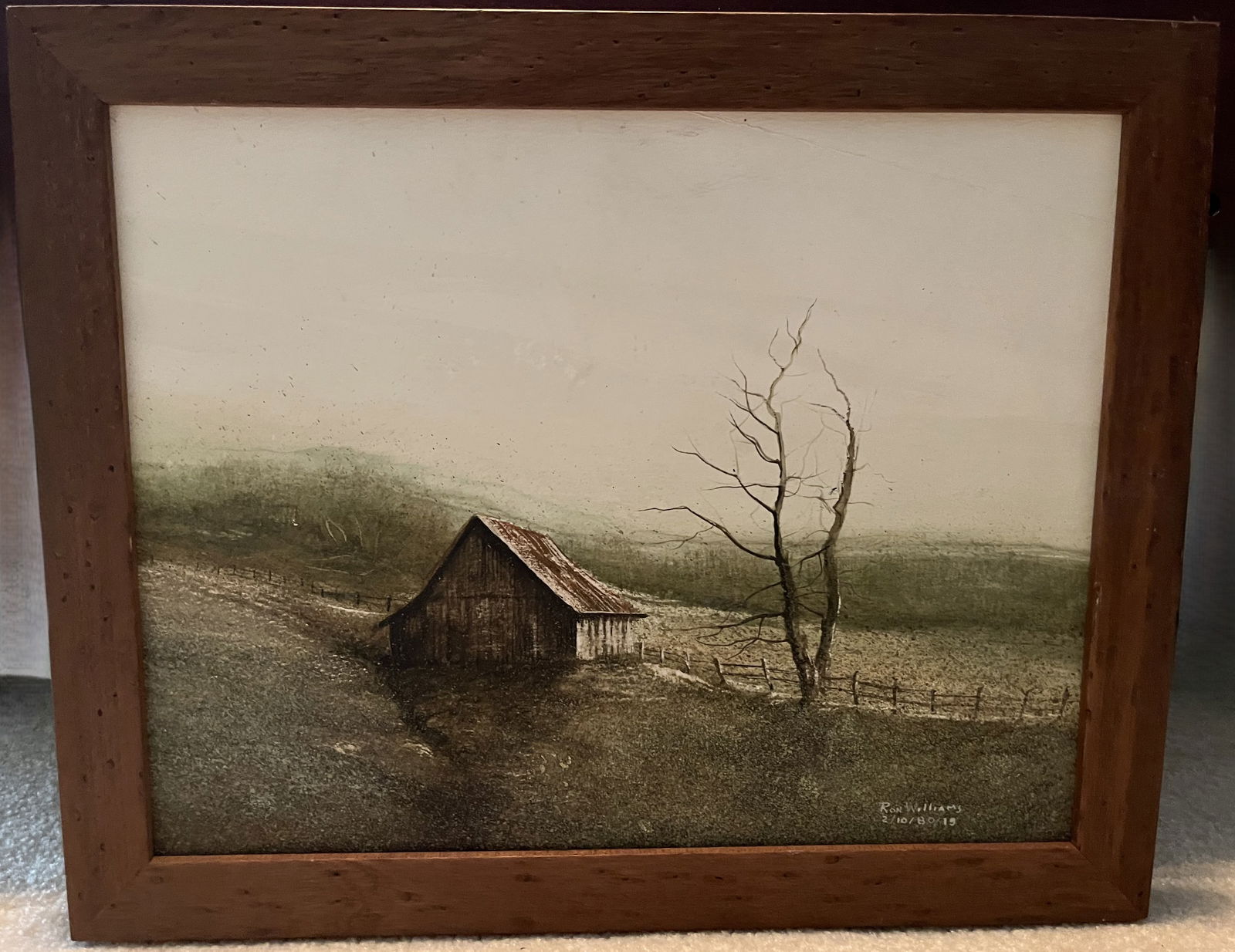 Framed Original Ron Williams on Paper (possible watercolor), circa 1980, Winter Barn in Pasture (1 of 2)