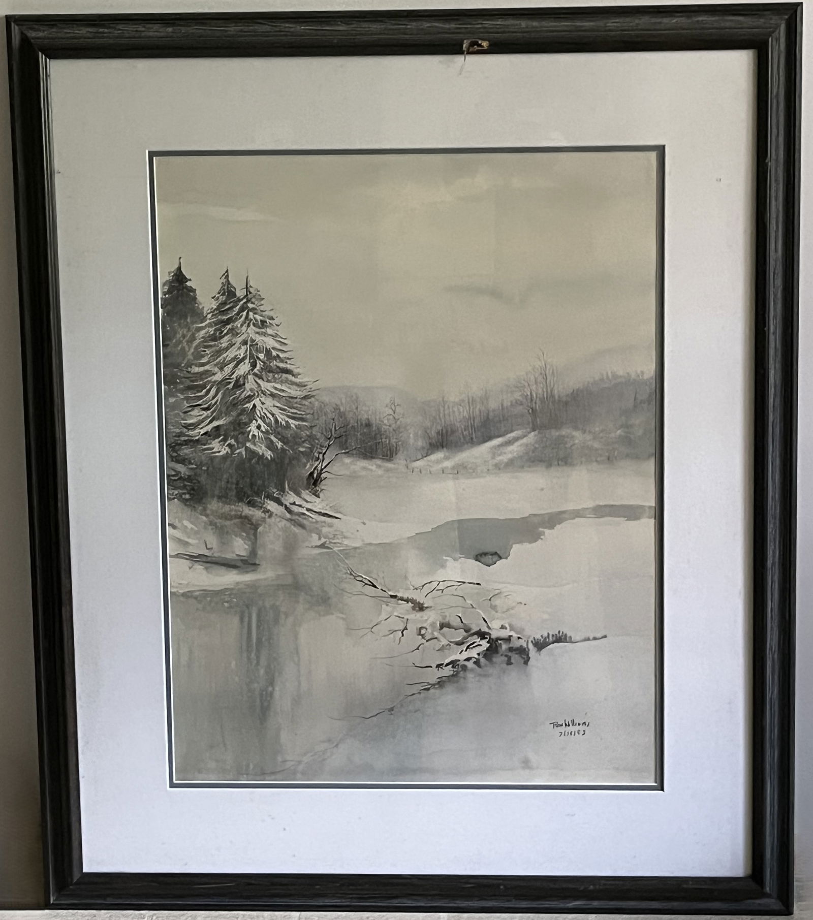 Framed Under Glass Ron Williams Print, Signed & Dated, 7/18/83, Frozen Winter Stream through Snow (1 of 2)