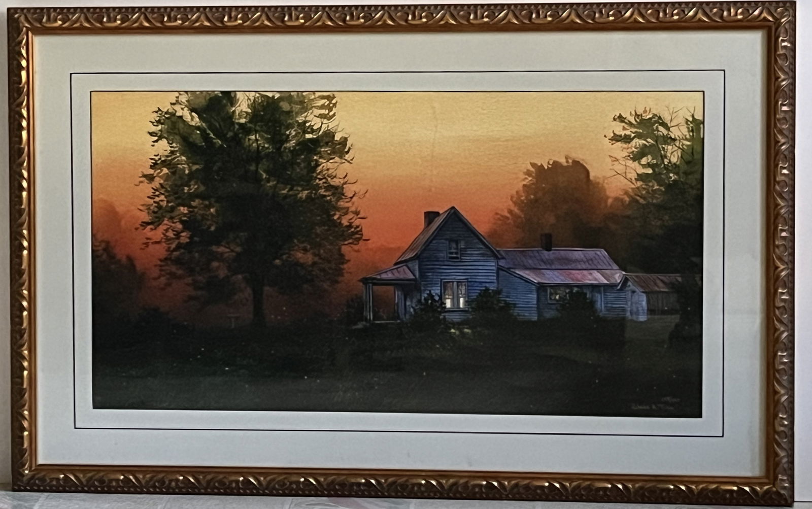 Framed Under Glass Robert Tino Print, Signed & Numbered, #158 of 195, Farmhouse with Fireflies in (1 of 2)