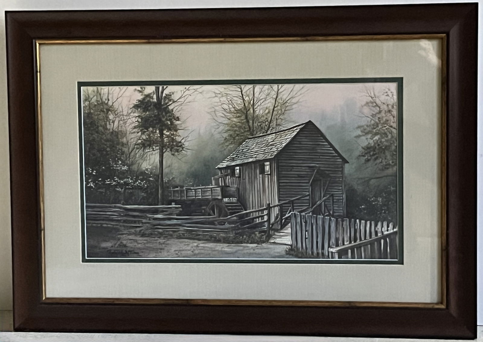 Framed Under Glass Robert Tino Print, Signed, Old Mill in Winter with Water Wheel (1 of 2)
