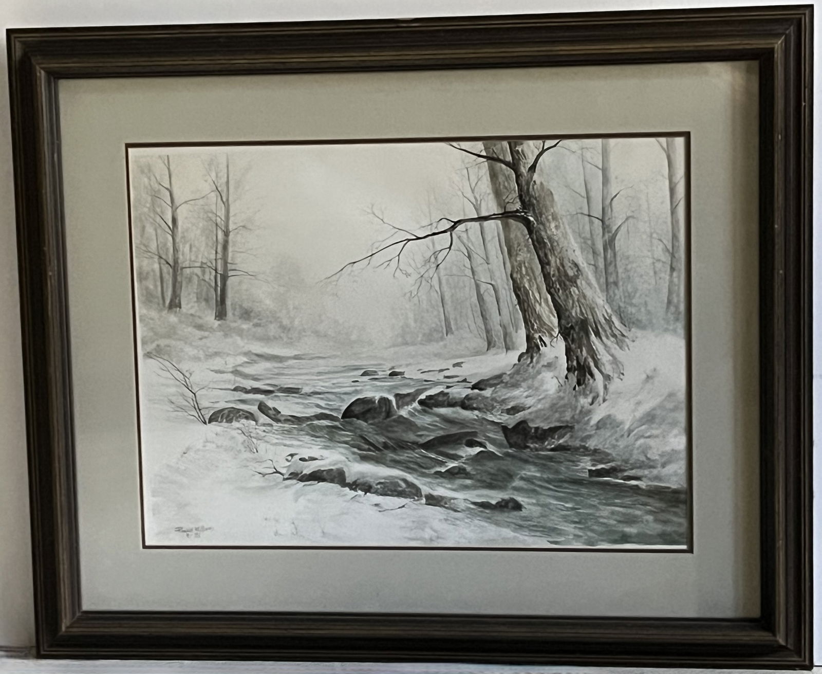 Framed Under Glass Ronald Williams Print, Signed & Dated, 8/1981, Winter Stream through Snow Covered (1 of 2)
