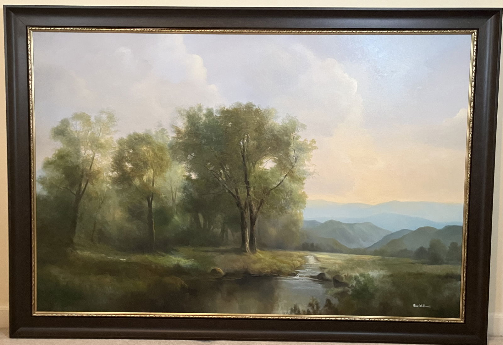 Original Ron Williams Oil on Canvas, Stretched, Summer Valley with Still River & Mountainscape (1 of 2)