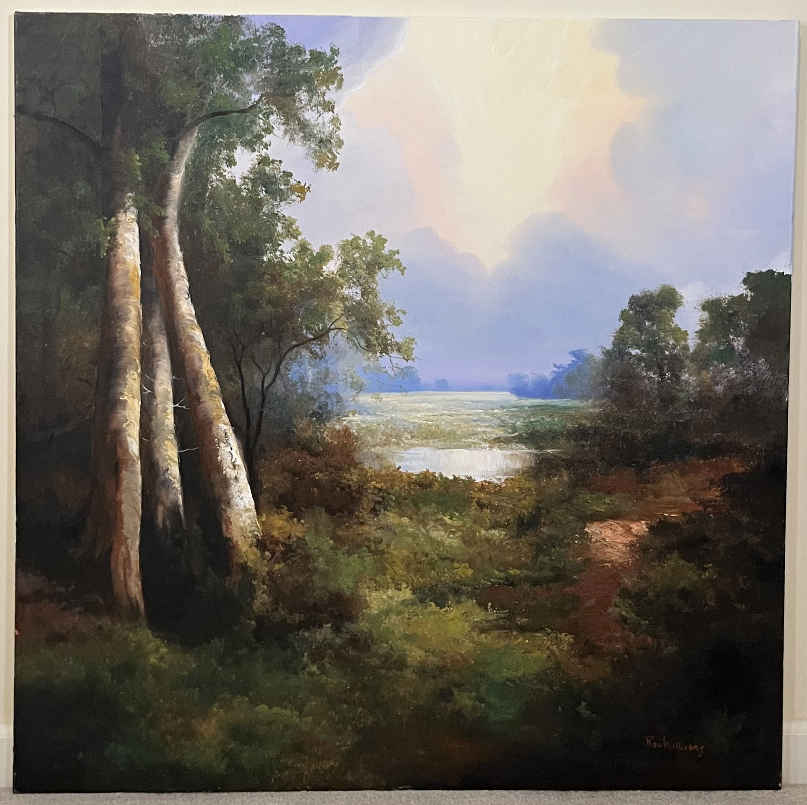 Original Ron Williams Oil on Canvas, Stretched, Impressionist Style Summer Pond with Forest Lined (1 of 2)