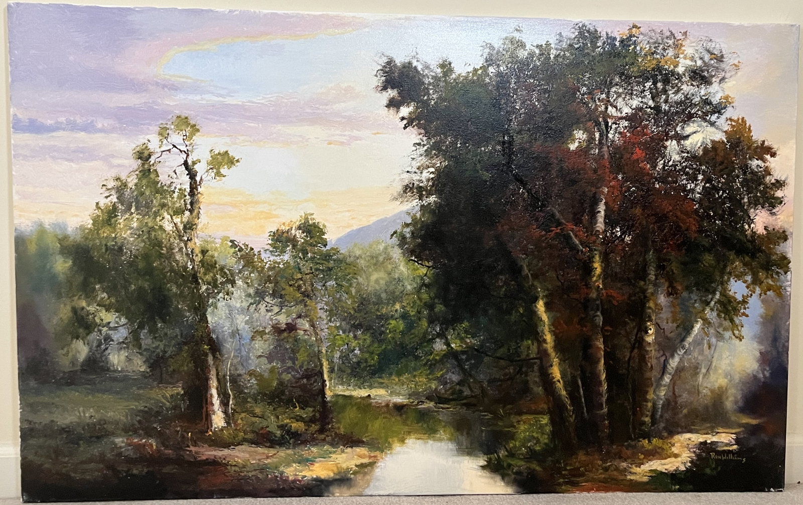 Original Ron Williams Oil on Canvas, Stretched, Early Fall Pond & Path Beside Woods: Original Ron Williams Oil on Canvas, Stretched, Early Fall Pond & Path Beside Woods, 48" x 30"