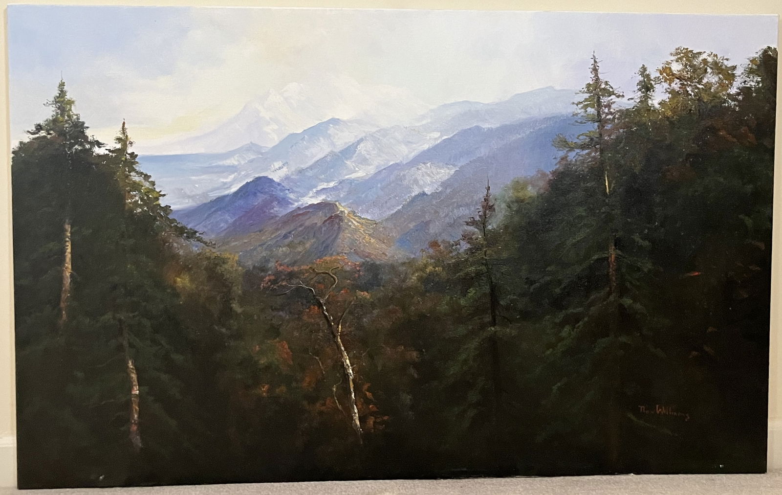 Original Ron Williams Oil on Canvas, Stretched, Fall Frost Tipped Mountain Peaks from Valley Woods (1 of 2)