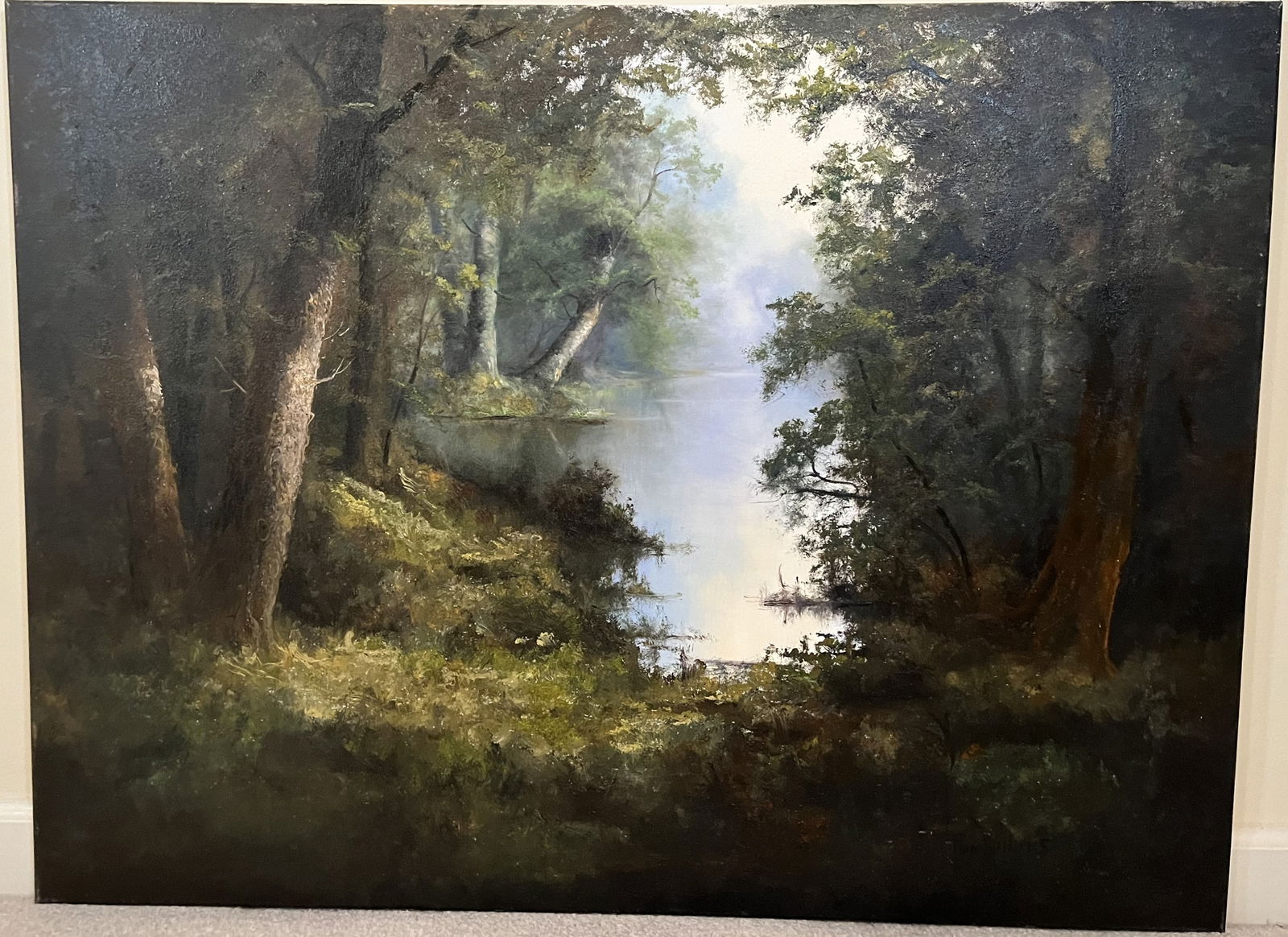 Original Ron Williams Oil on Canvas, Stretched, Summer Reflections on  Forested Pond (1 of 2)