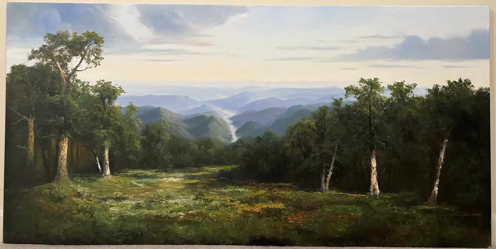 Original Ron Williams Oil on Canvas, Stretched, Summer Mountaintop Field with Misty Mountainscape: Original Ron Williams Oil on Canvas, Stretched, Summer Mountaintop Field with Misty Mountainscape in Distance, 48" x 24"