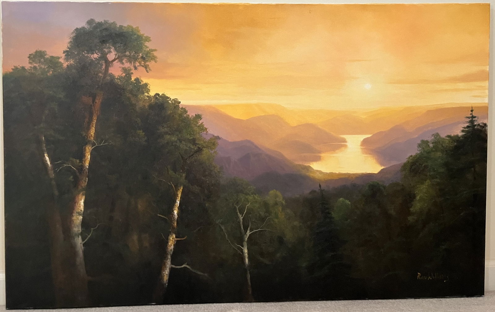 Original Ron Williams Oil on Canvas, Stretched, Golden Summer Sunset on Mountain Lake from Hillside (1 of 2)