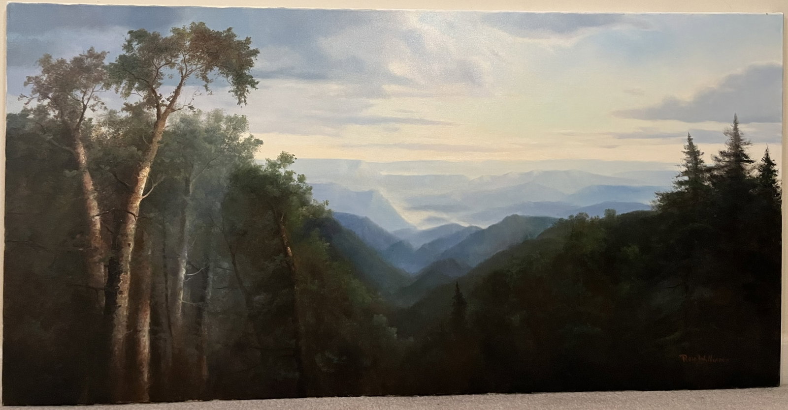 Original Ron Williams Oil on Canvas, Stretched, Misty Summer Mountainscape from Hilltop: Original Ron Williams Oil on Canvas, Stretched, Misty Summer Mountainscape from Hilltop, 48" x 24"