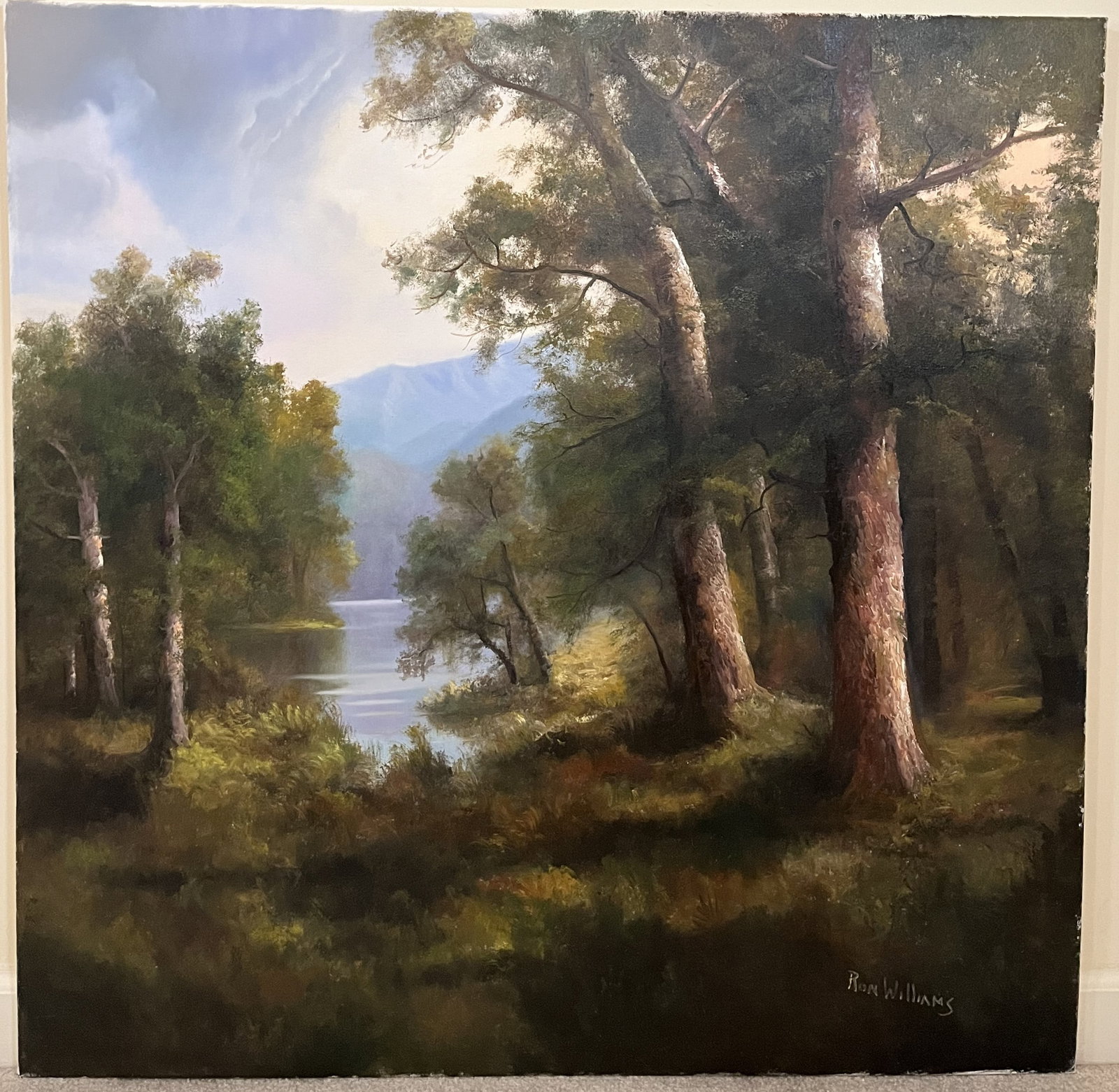 Original Ron Williams Oil on Canvas, Stretched, Summer Wooded Lake with Mountains: Original Ron Williams Oil on Canvas, Stretched, Summer Wooded Lake with Mountains in the Distance, 36" x 36"