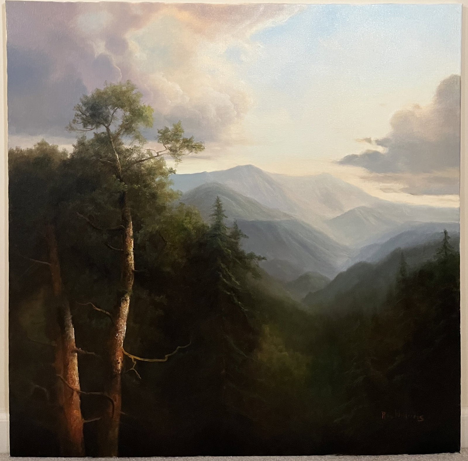 Original Ron Williams Oil on Canvas, Stretched, Summer Mountainscape from Hillside: Original Ron Williams Oil on Canvas, Stretched, Summer Mountainscape from Hillside, 36" x 36"