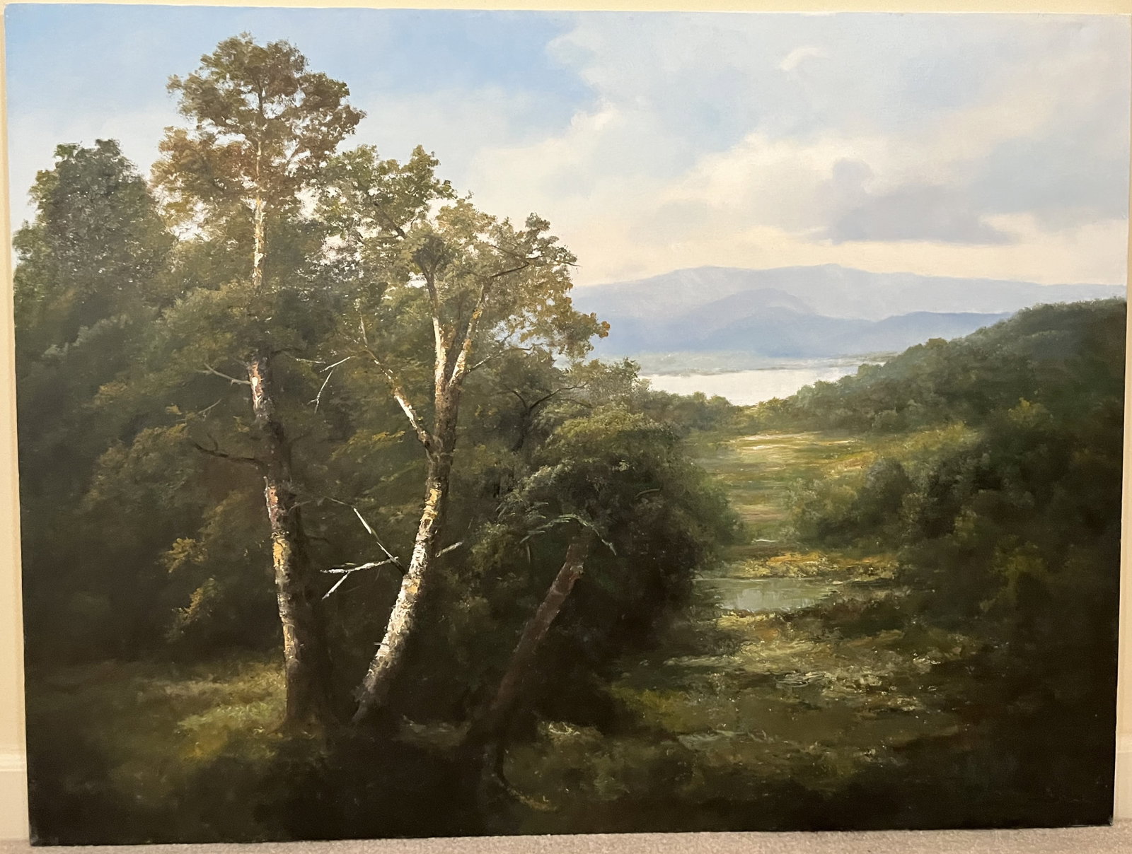 Original Ron Williams Oil on Canvas, Stretched, Summer Forested Lake with Pond in Foreground: Original Ron Williams Oil on Canvas, Stretched, Summer Forested Lake with Pond in Foreground, 40" x 30"