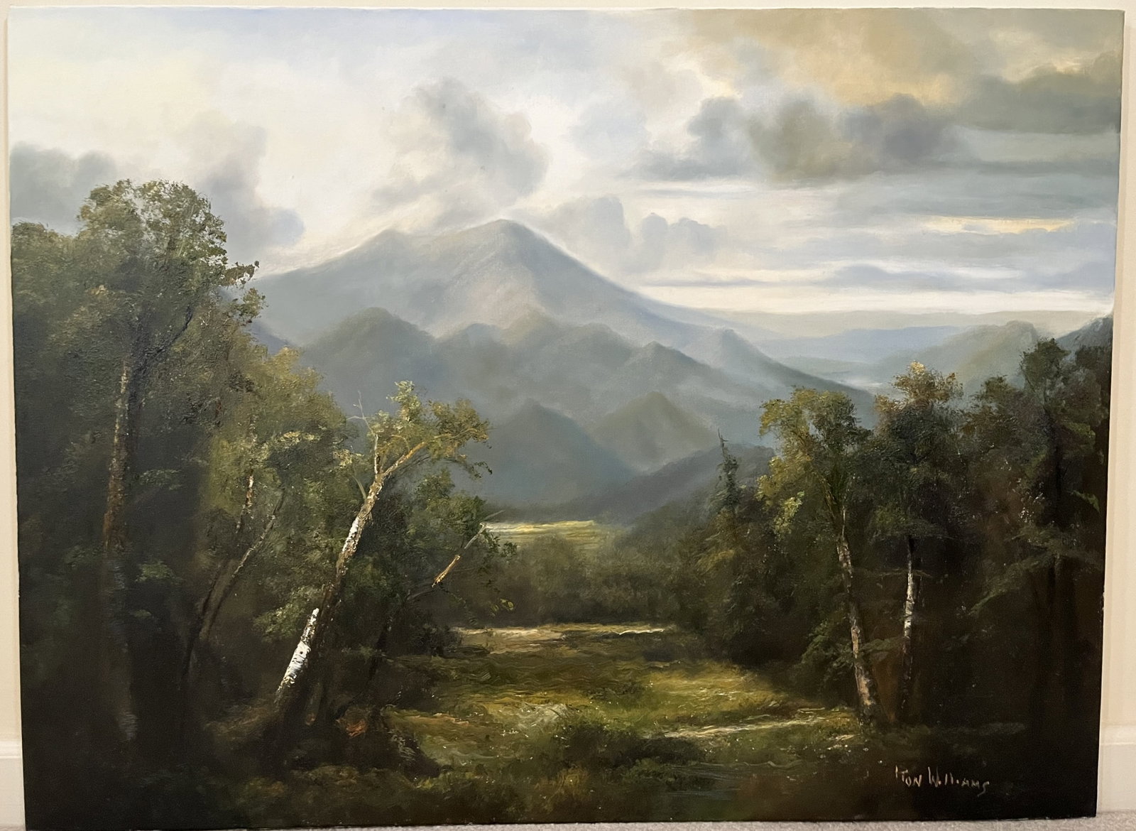 Original Ron Williams Oil on Canvas, Stretched, Clouded Summer Mountainscape from Valley Field: Original Ron Williams Oil on Canvas, Stretched, Clouded Summer Mountainscape from Valley Field, 40" x 30"