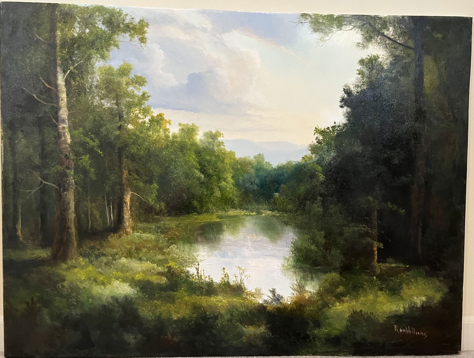 Original Ron Williams Oil on Canvas, Stretched, Summer Reflections on Forested Pond (1 of 2)