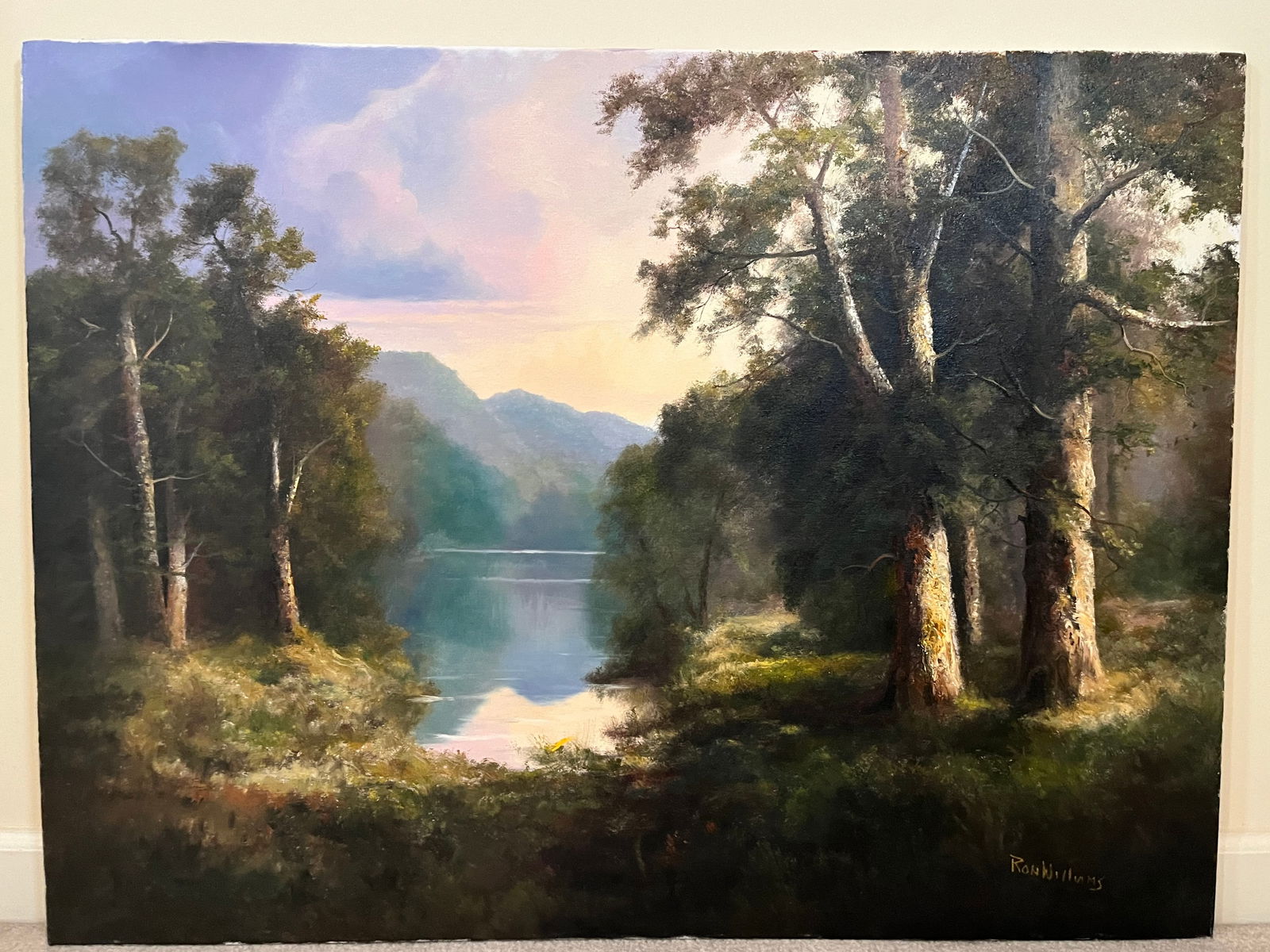 Original Ron Williams Oil on Canvas, Stretched, Summer Forested Lake with Mountain Reflections (1 of 2)