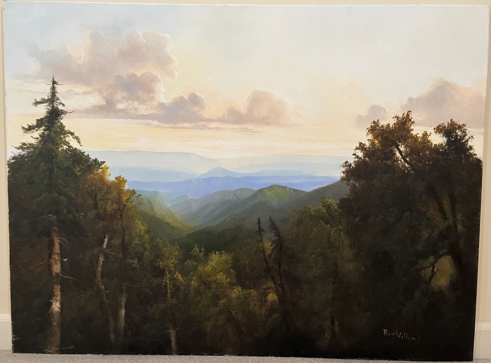 Original Ron Williams Oil on Canvas, Stretched, Early Fall Dawn Clouds over Mountainscape from (1 of 2)