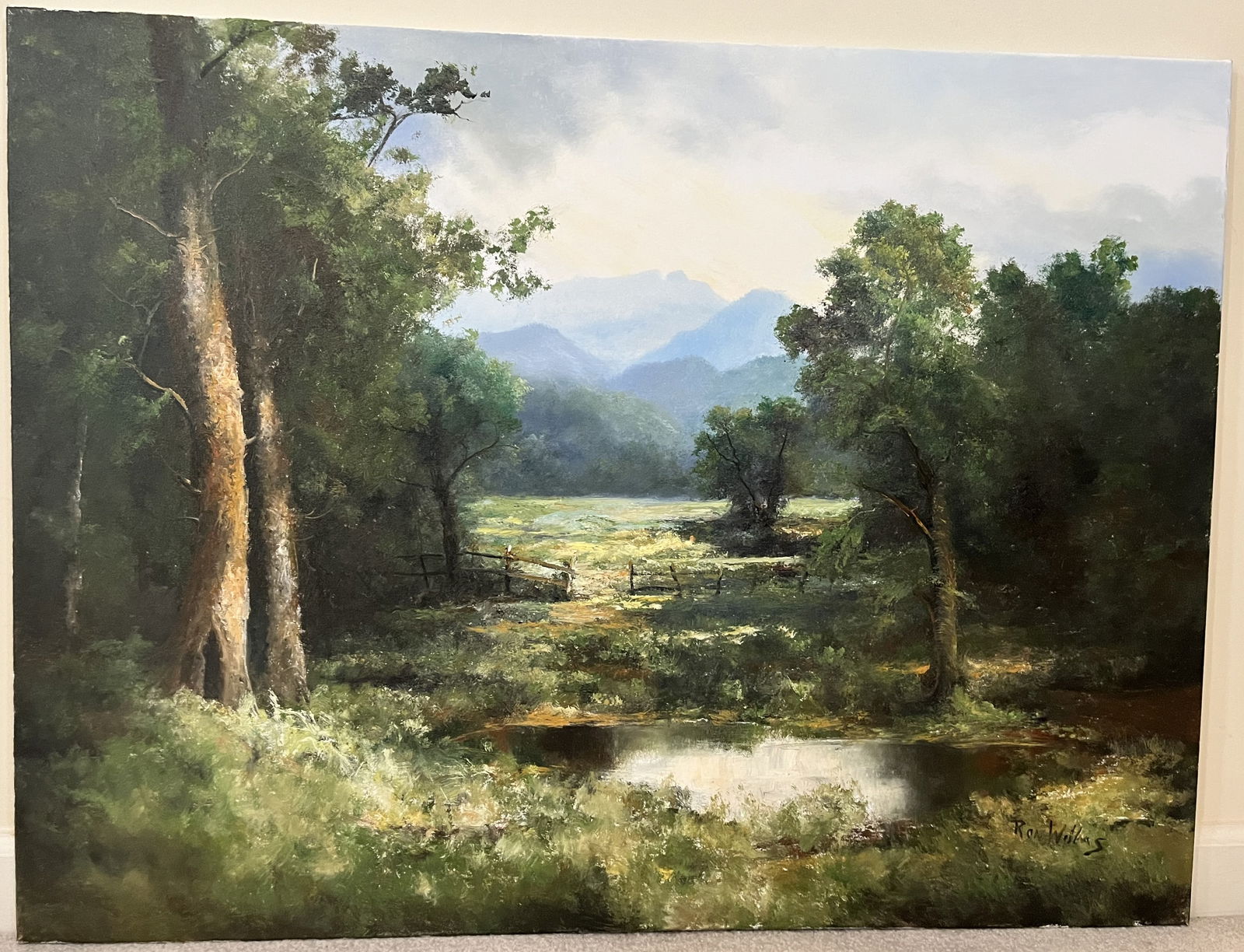 Original Ron Williams Oil on Canvas, Stretched, Early Summer Wooded Field with Reflected Pond, Fence (1 of 2)