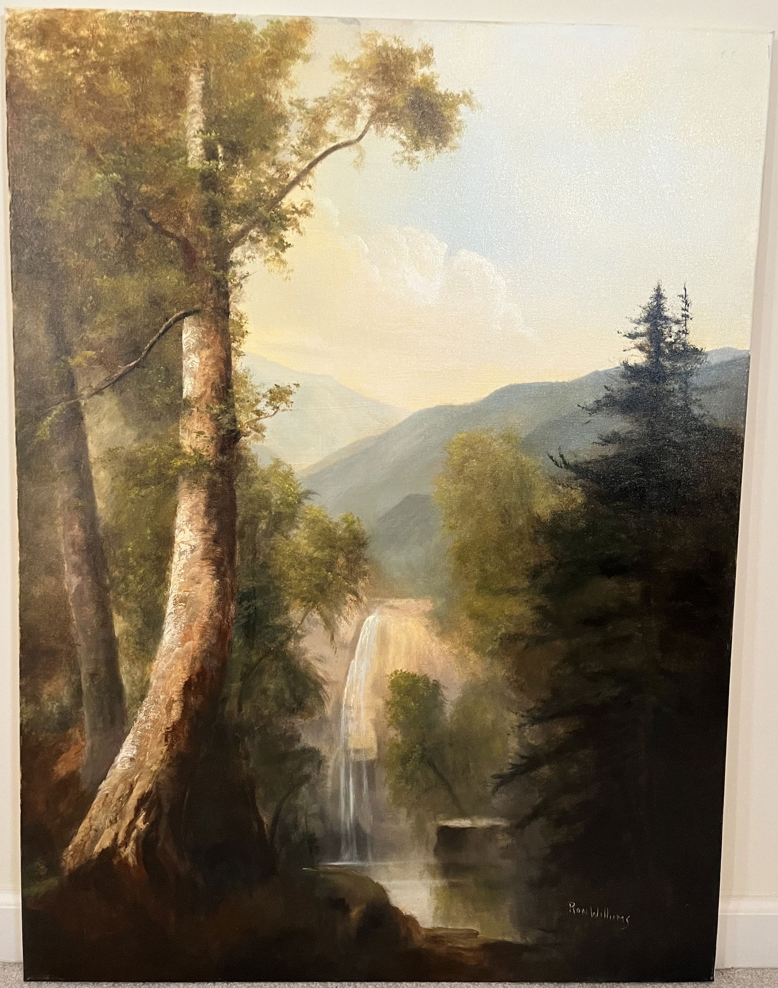 Original Ron Williams Oil on Canvas, Stretched, Early Fall Waterfall with Mountains in the (1 of 2)