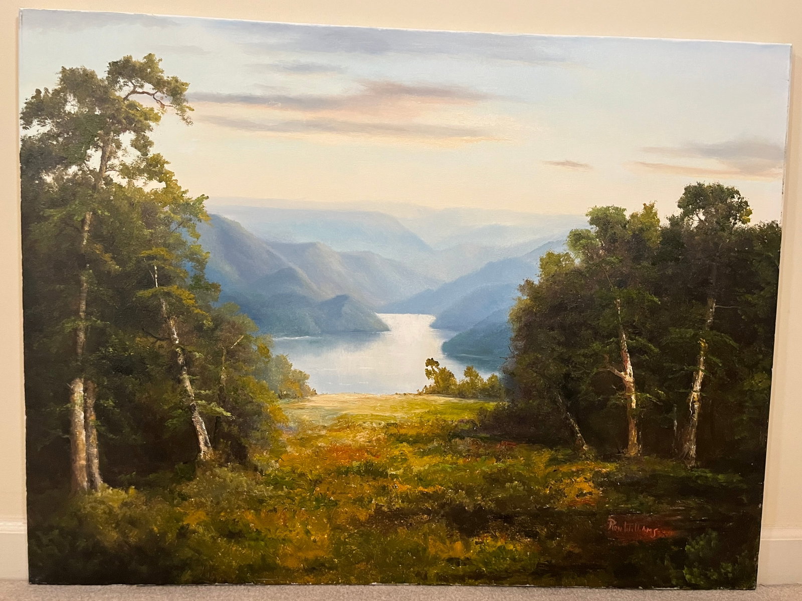 Original Ron Williams Oil on Canvas, Stretched, Summer Lake Surrounded by Mountainscape with: Original Ron Williams Oil on Canvas, Stretched, Summer Lake Surrounded by Mountainscape with Forested Field in Background, 40" x 30"