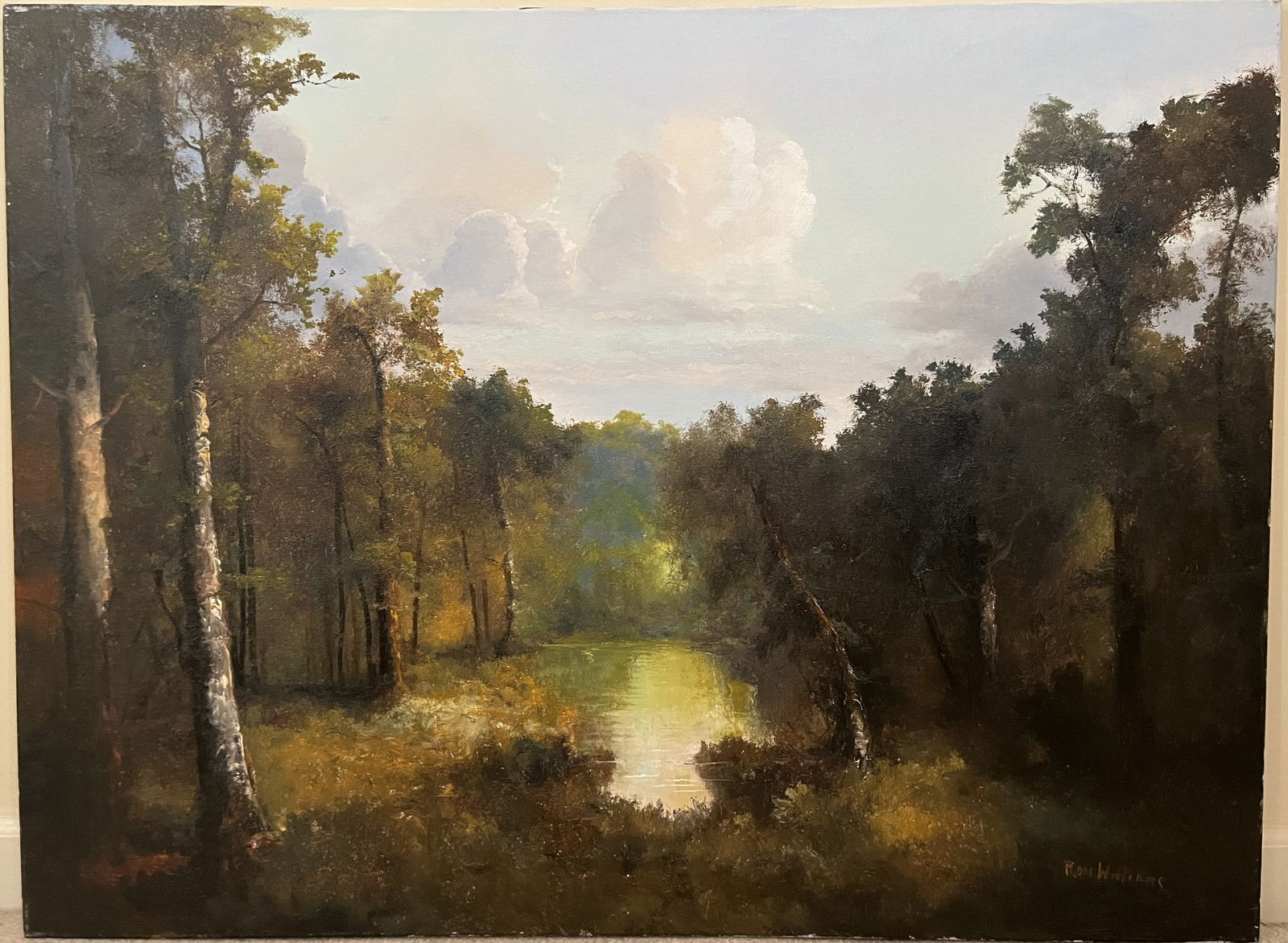 Original Ron Williams Oil on Canvas, Stretched, Summer Reflections on Forested Pond (1 of 2)