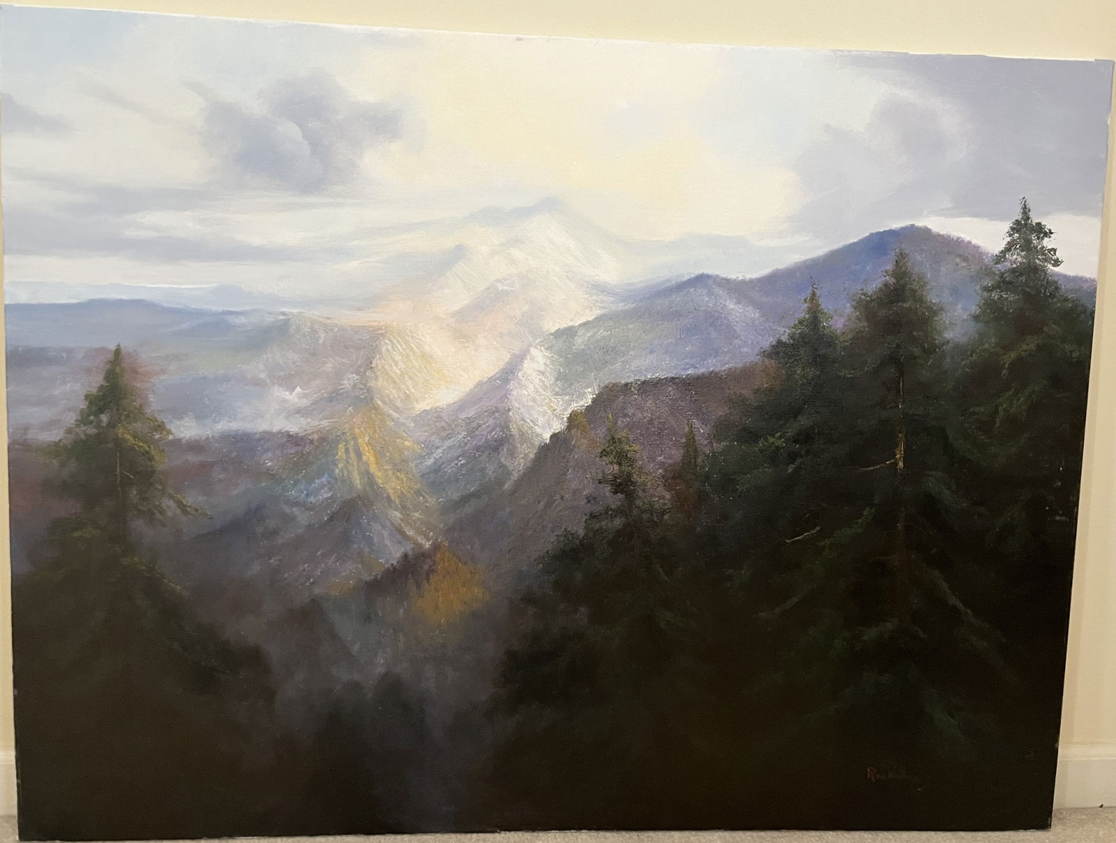 Original Ron Williams Oil on Canvas, Stretched, Snowy Mountain Peaks with Spruce (1 of 2)