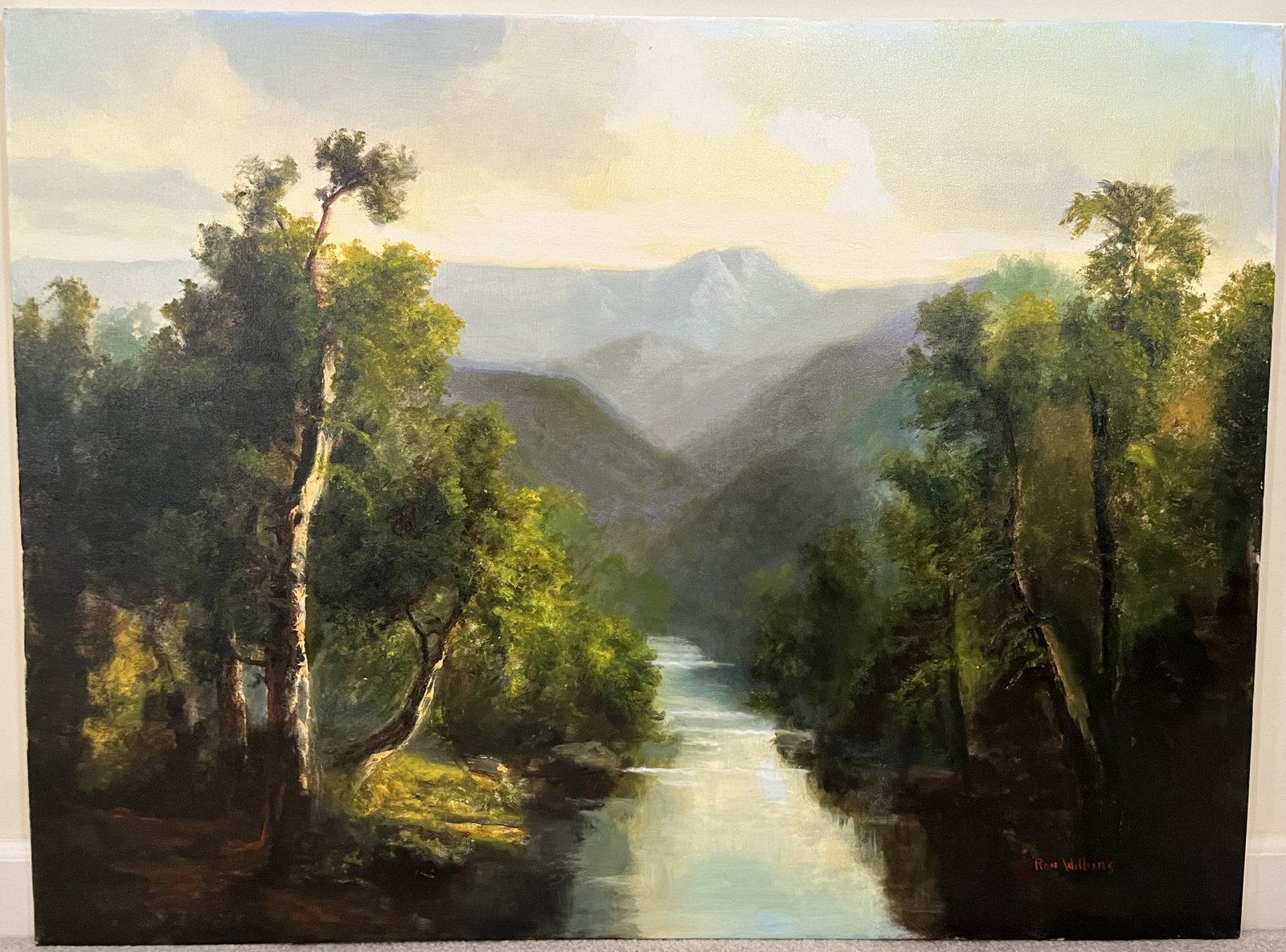 Original Ron Williams Oil on Canvas, Stretched, Summer Valley River Surrounded by Mountains: Original Ron Williams Oil on Canvas, Stretched, Summer Valley River Surrounded by Mountains, 40" x 30"