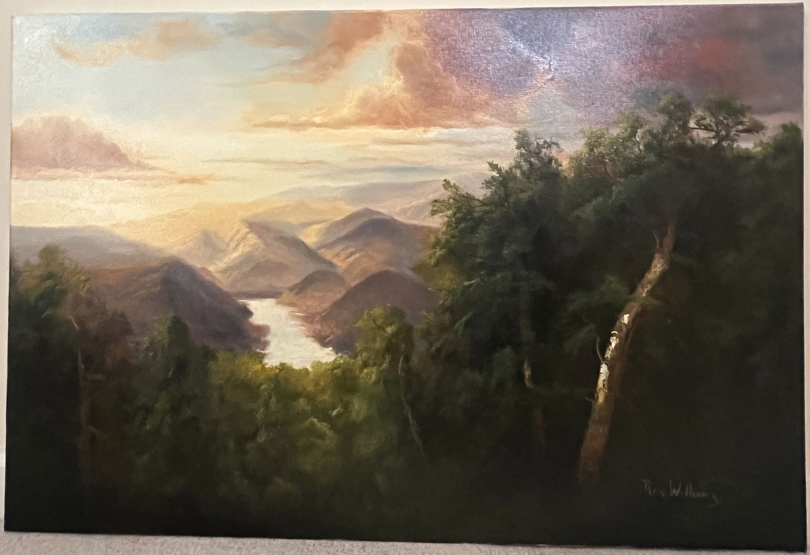 Original Ron Williams Oil on Canvas, Stretched, Summer Sunset Colors Valley Lake from Hillside (1 of 2)