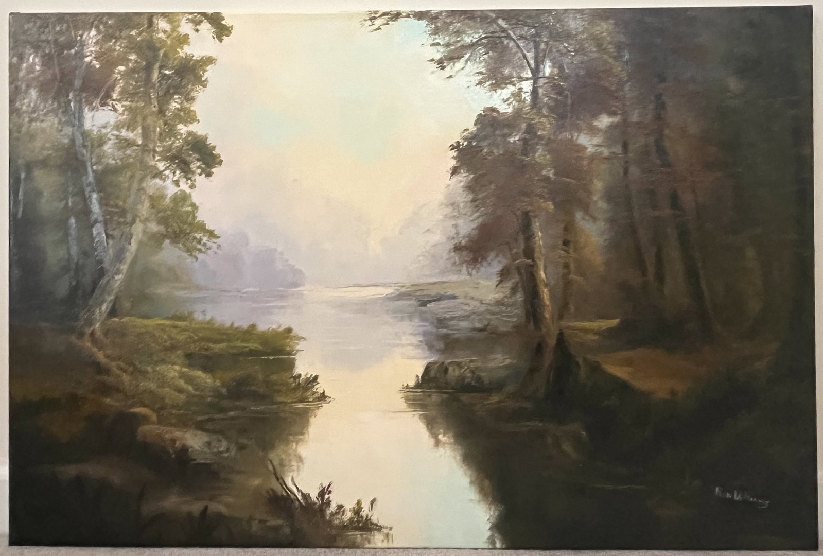 Original Ron Williams Oil on Canvas, Stretched, Misty Fall Reflective Valley River: Original Ron Williams Oil on Canvas, Stretched, Misty Fall Reflective Valley River, 36" x 24"