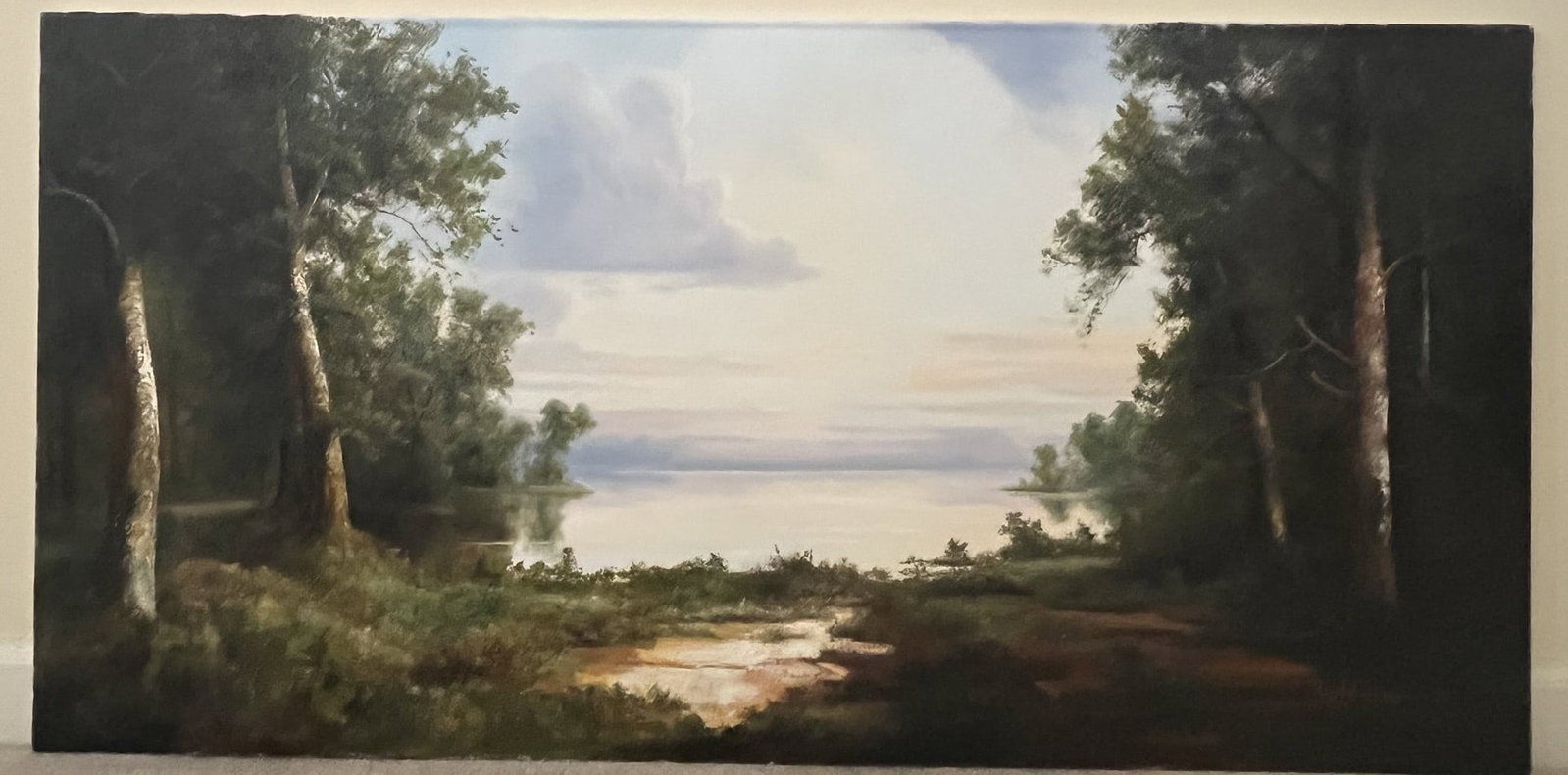 Original Ron Williams Oil on Canvas, Stretched, Summer Forested Lake with Pond in Foreground: Original Ron Williams Oil on Canvas, Stretched, Summer Forested Lake with Pond in Foreground, 48" x 24"