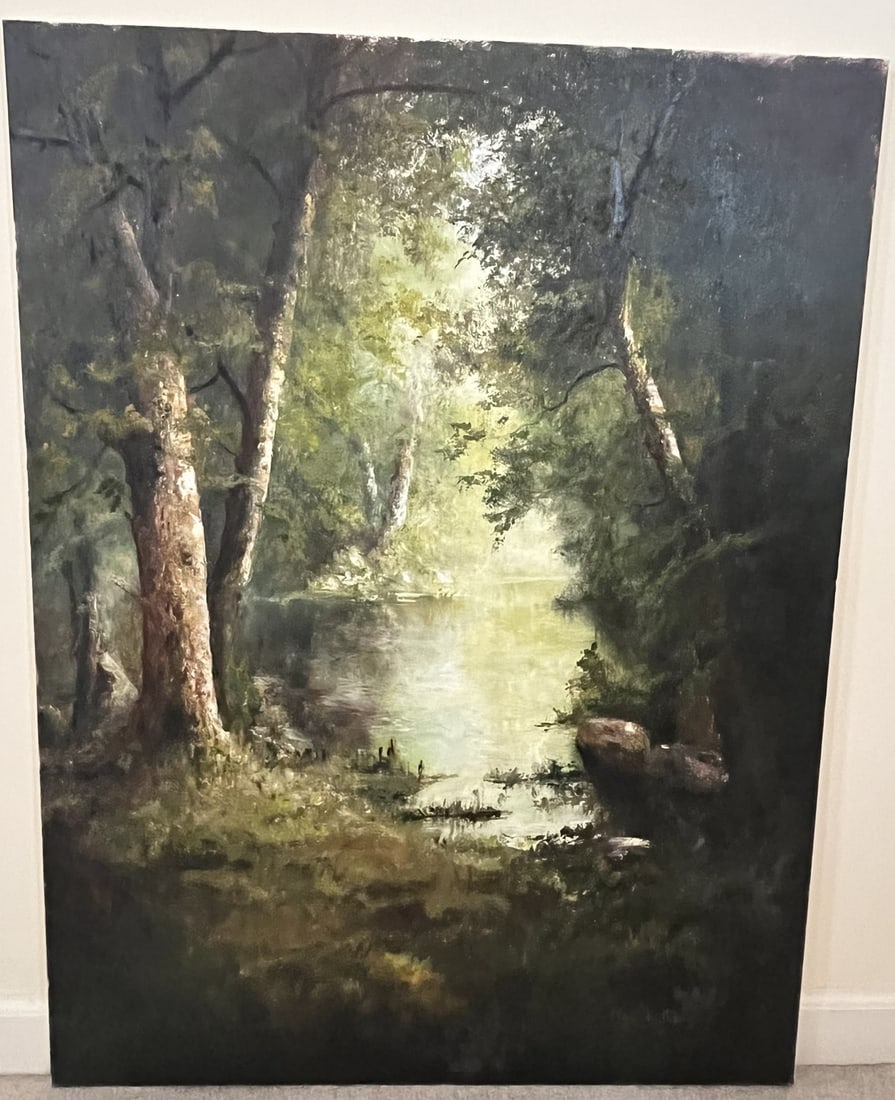 Original Ron Williams Oil on Canvas, Stretched, Summer Reflections on Forested Pond (1 of 2)