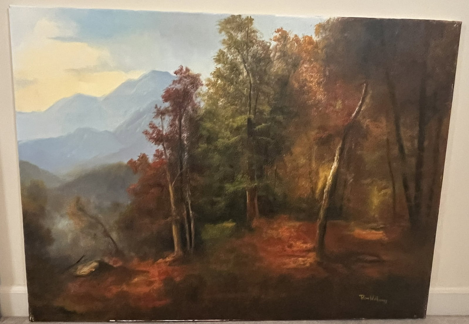 Original Ron Williams Oil on Canvas, Stretched, Fall Hillside with Mountainscape: Original Ron Williams Oil on Canvas, Stretched, Fall Hillside with Mountainscape, 40" x 30"