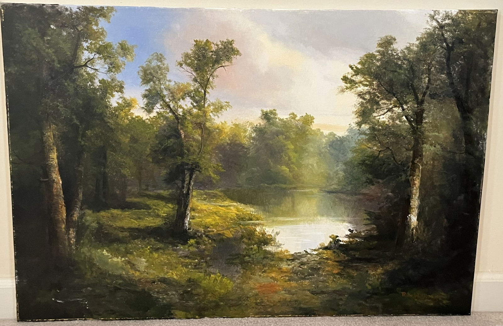 Original Ron Williams Oil on Canvas, Stretched, Early Fall Wooded Pond (1 of 2)