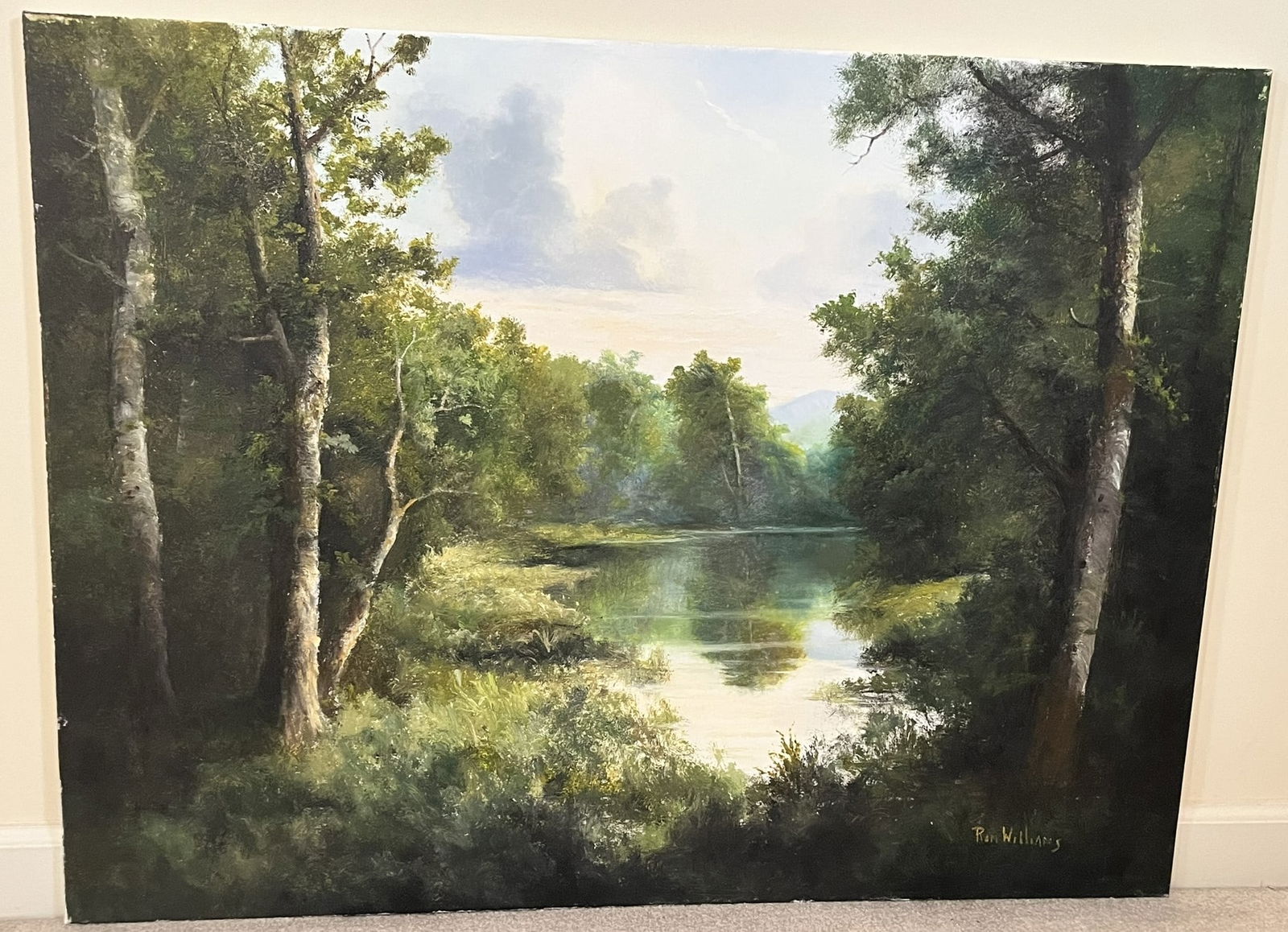 Original Ron Williams Oil on Canvas, Stretched, Summer Reflections on Forested Pond (1 of 2)