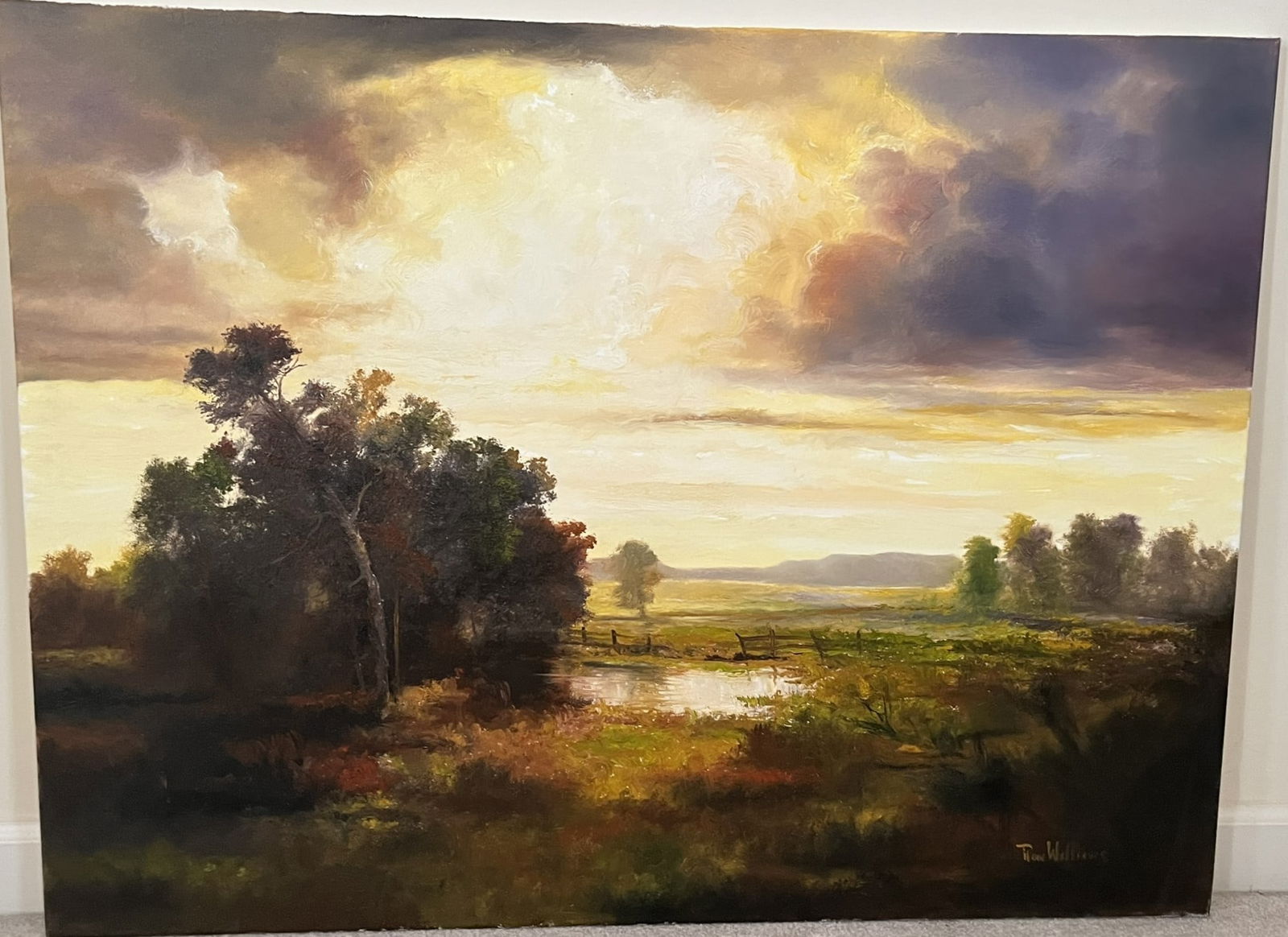 Original Ron Williams Oil on Canvas, Stretched, Fall Stormy Golden Tones on Tree Lined Pasture & (1 of 2)