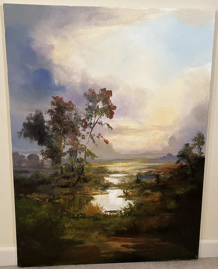 Original Ron Williams Oil on Canvas, Stretched, Impressionist Style Fall Reflections on Pasture Pond (1 of 2)