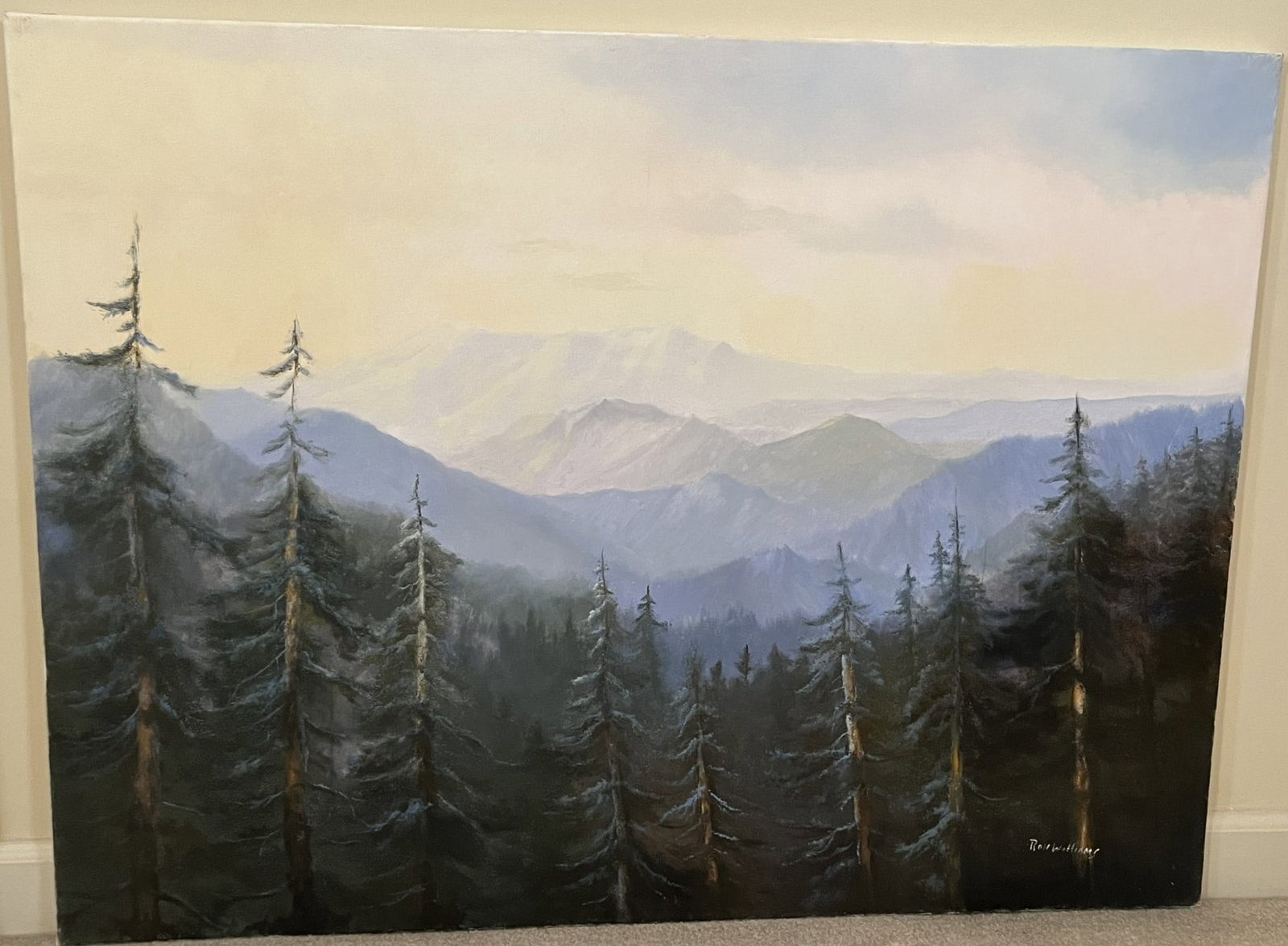 Original Ron Williams Oil on Canvas, Stretched, Snowy Winter Mountainscape with Spruce: Original Ron Williams Oil on Canvas, Stretched, Snowy Winter Mountainscape with Spruce in Foreground, 40" x 30"