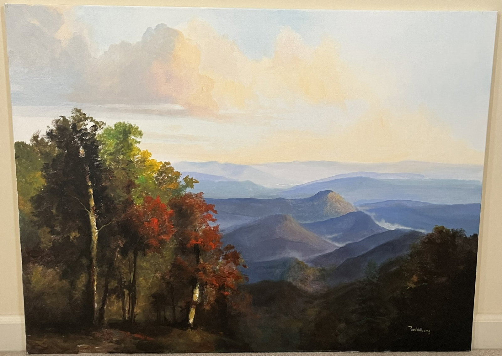 Original Ron Williams Oil on Canvas, Stretched, Fall Misty Mountainscape from Hillside: Original Ron Williams Oil on Canvas, Stretched, Fall Misty Mountainscape from Hillside, 40" x 30"