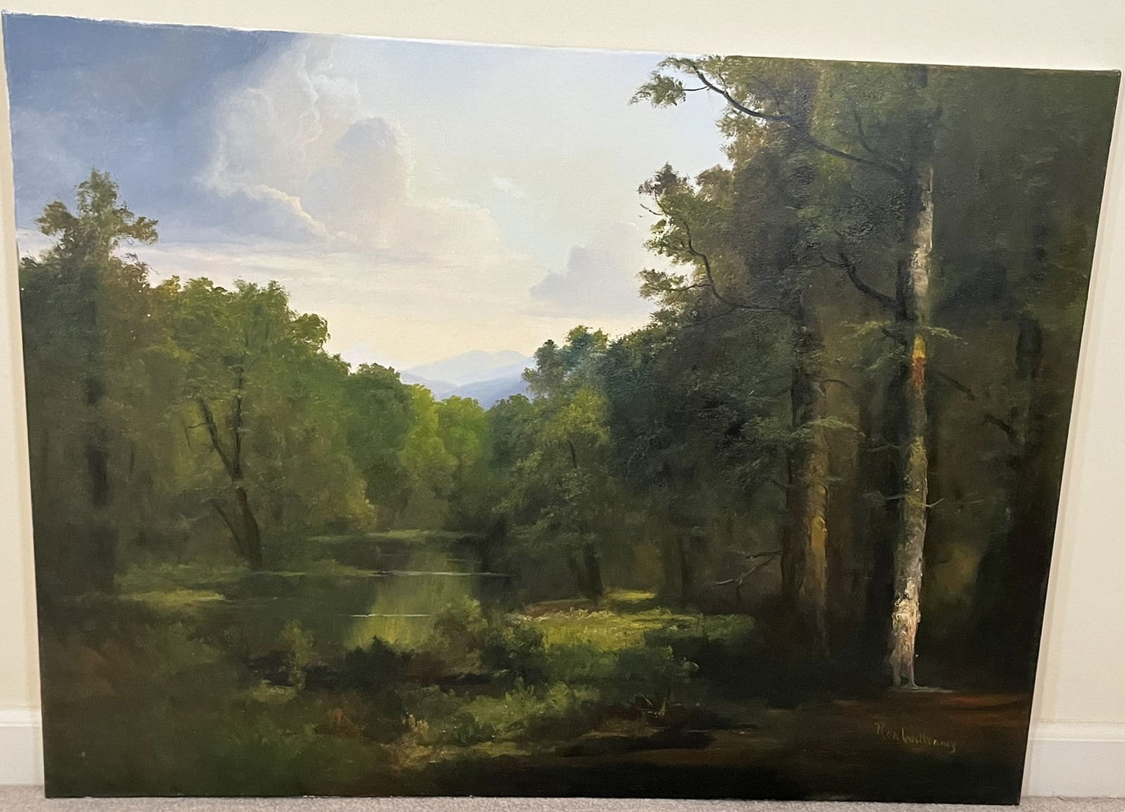 Original Ron Williams Oil on Canvas, Stretched, Summer Reflections on Forested Pond (1 of 2)