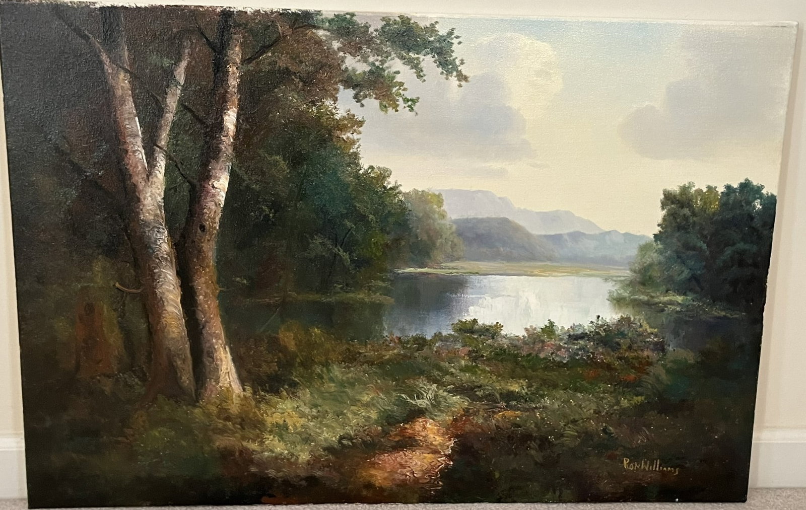 Original Ron Williams Oil on Canvas, Stretched, Summer Wooded Valley Lake with Mountainscape: Original Ron Williams Oil on Canvas, Stretched, Summer Wooded Valley Lake with Mountainscape, 36" x 24"