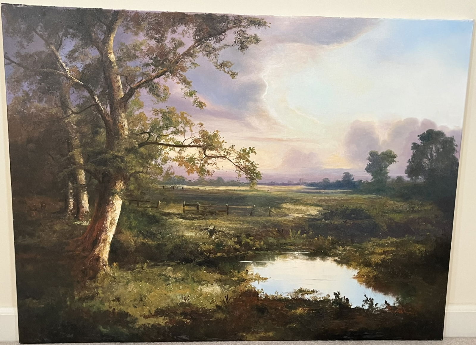 Original Ron Williams Oil on Canvas, Stretched, Impressionism Style, Summer Dusk Wooded Pond with (1 of 2)